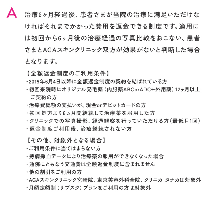 治療6ヶ月経過後、患者さまが当院の治療に満足いただけなければそれまでかかった費用を返金できる制度です。適用には初回から6ヶ月後の治療経過の写真比較をおこない、患者さまとAGAスキンクリニック双方が効果がないと判断した場合となります。
		【全額返金制度のご利用条件】
		・2019年6月4日以降に全額返金制度の契約を結ばれている方
		・初回来院時にオリジナル発毛薬（内服薬ABCorADC+外用薬）12ヶ月以上　ご契約の方
		・治療費総額の支払いが、現金orデビットカードの方
		・初回処方より6ヵ月間継続して治療薬を服用した方
		・クリニックでの写真撮影、経過観察を行っていただける方（最低月1回）
		・返金制度ご利用後、治療継続されない方
		【その他、対象外となる場合】
		・ご利用条件に当てはまらない方
		・持病採血データにより治療薬の服用ができなくなった場合
		・通院にともなう交通費は全額返金制度に含まれません
		・他の割引をご利用の方
		・AGAスキンクリニック宮崎院、東京美容外科全院、クリニカ タナカは対象外
		・月額定額制（サブスク）プラン・オンライン診療をご利用の方は対象外。