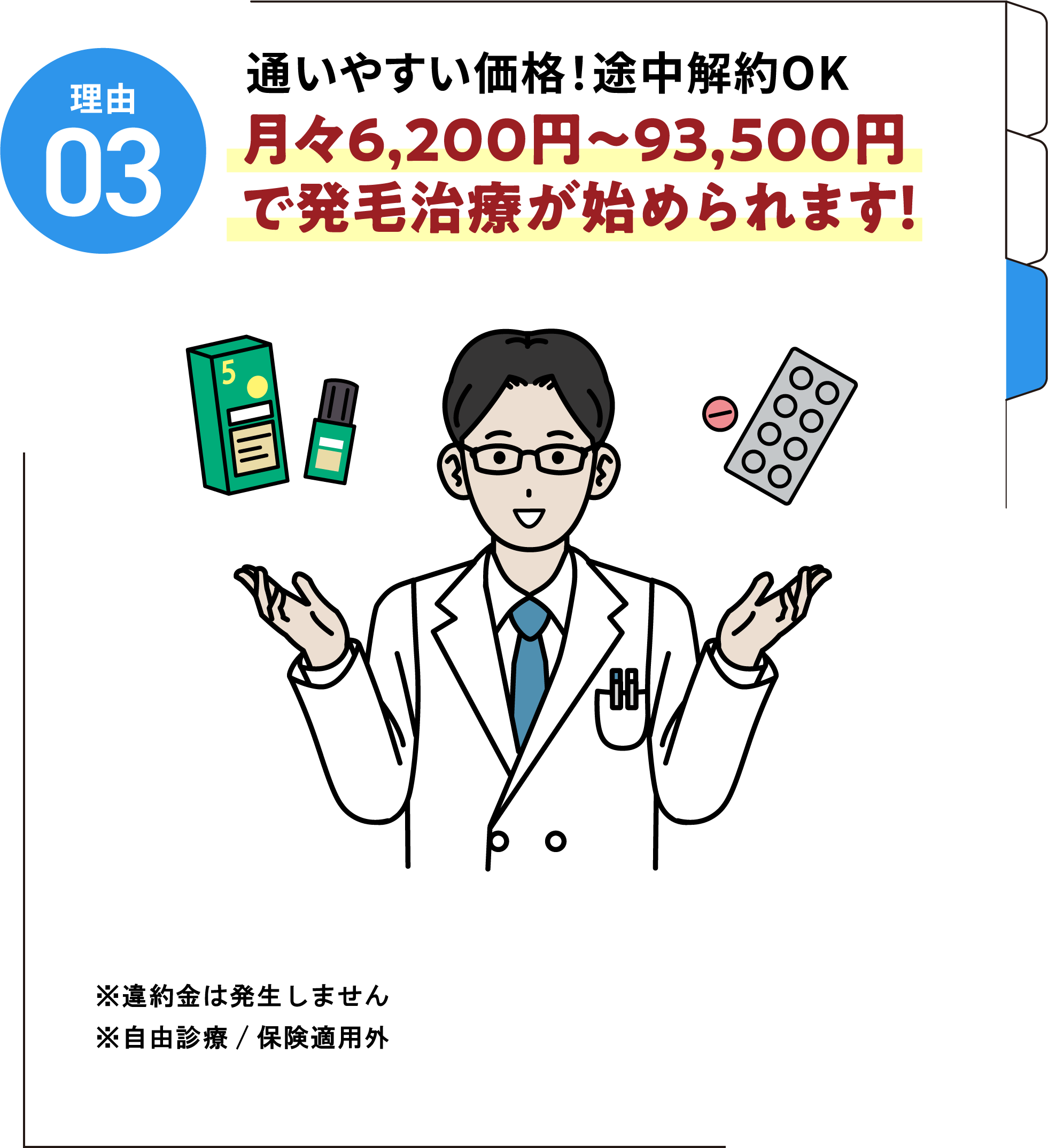 理由03 通いやすい価格!途中解約OK 月々6,200円〜93,500円で発毛治療が始められます!