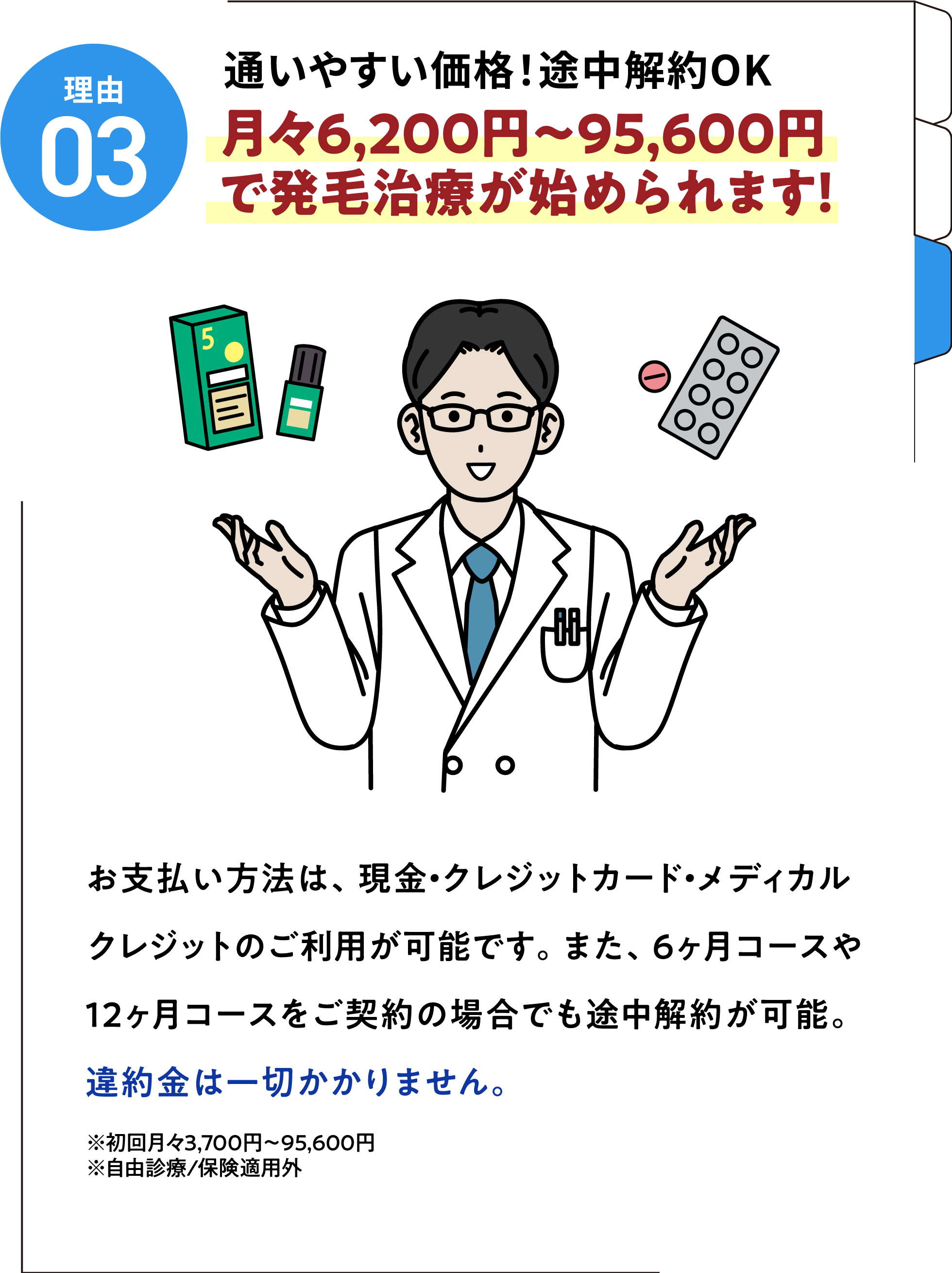 理由03 通いやすい価格!途中解約OK 月々6,200円〜93,500円で発毛治療が始められます!