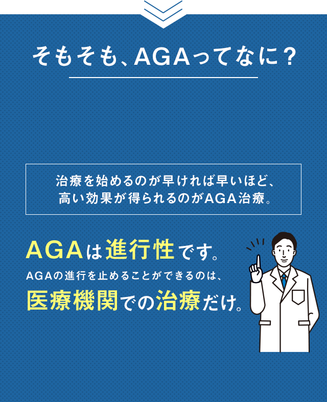 AGAは進行性です。AGAの進行を止めることができるのは、医療機関での治療だけ。