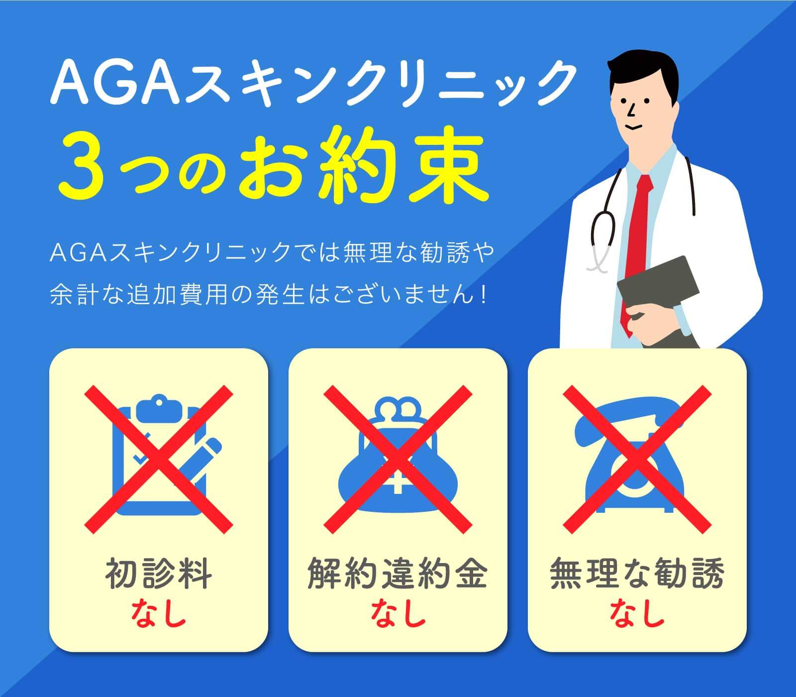 AGAスキンクリニック3つのお約束・初診料なし・解約違約金なし・無理な勧誘なし