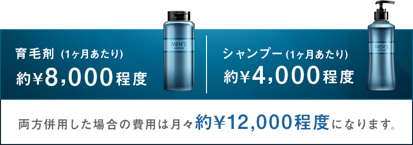 育毛剤とシャンプーを併用した場合の費用は月々約¥12,000程度になります。