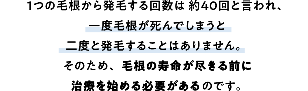 1つの毛根から発毛する回数は約40回と言われ、一度毛根が死んでしまうと二度と発毛することはありません。そのため、毛根の寿命が尽きる前に治療を始める必要があるのです。