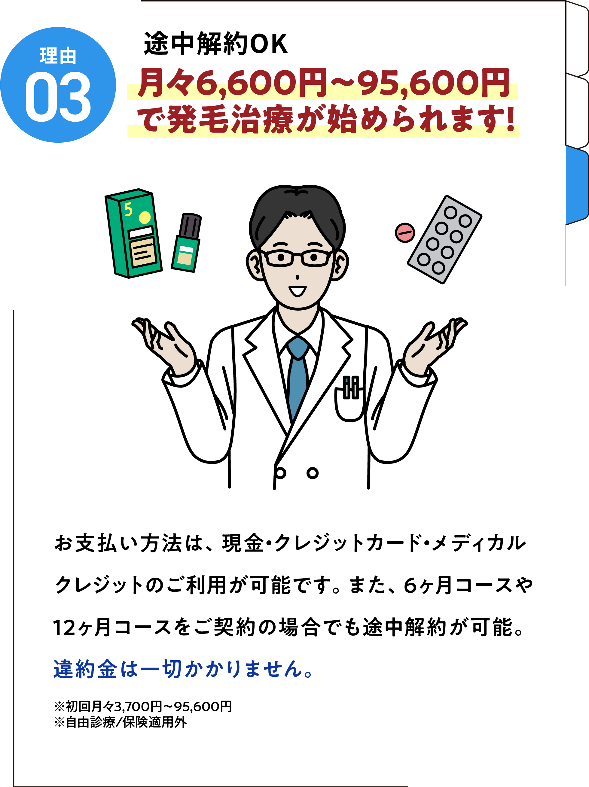 理由03 通いやすい価格!途中解約OK 月々6,200円〜93,500円で発毛治療が始められます!